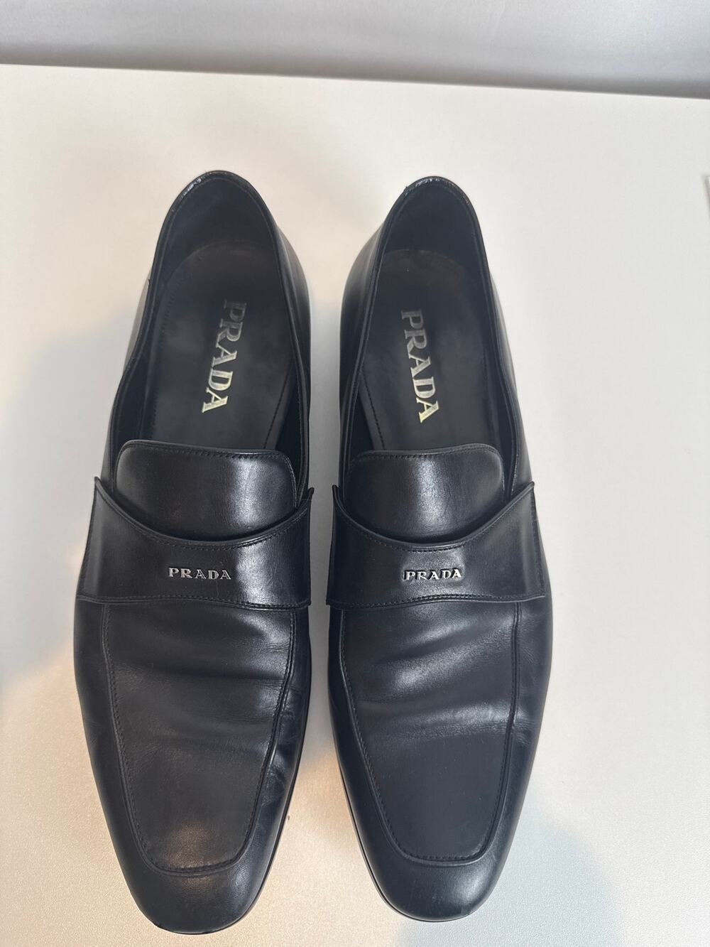 Prada Mens Black Leather Almond Toe Loafers Size 10.5 Quiet Luxury Italy